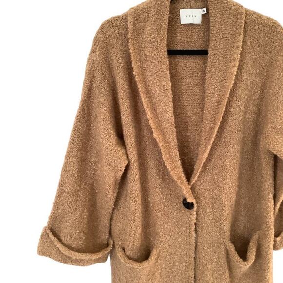 Lush Shawl Lapel Long Cardigan in Camel Long Sleeve Pockets Size Small - Picture 4 of 10